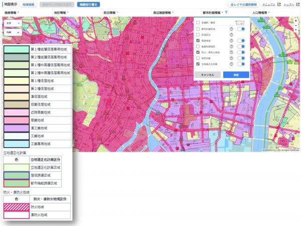 不動産情報ライブラリ・用途地域情報/防火・準防火地域情報/立地適正化計画情報の表示例　※出典：不動産情報ライブラリ