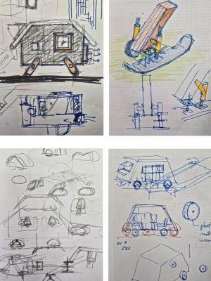 村井氏の小屋のスケッチ案。試行錯誤を感じさせる