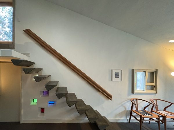 リビングの玄関側（南側）の壁。右手に西側の主庭がある（写真：宮沢洋）