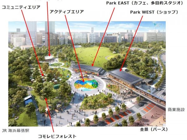 幕張海浜公園Bブロック再整備のイメージパース。イベントやマルシェなどが開催されるアクティブエリアを中心にさまざまな施設が整備される（出典：千葉市記者発表資料）