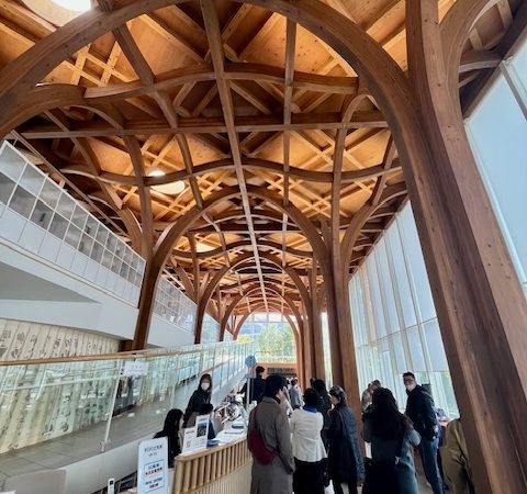 梁や柱が緩やかな曲線を描き、まるで森にいるような空間