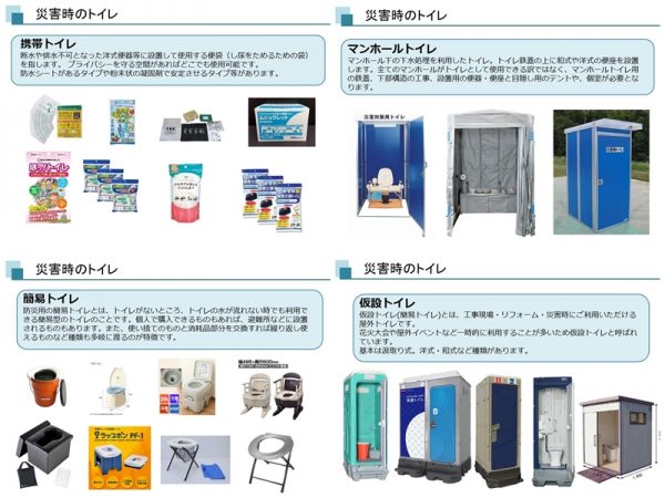 災害時のトイレの主なもの。それぞれに特徴がある。これ以外にも仮設トイレをコンテナ型にしたもの、移動できるトイレトレーラー、トイレカーなどもある（資料は一般社団法人日本トイレ協会　災害・仮設トイレ研究会のもの。以下特記がないものはすべて）
