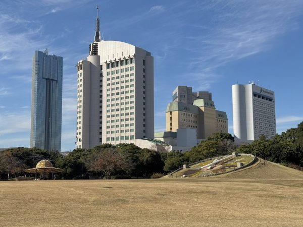 現在のBブロックの大芝生広場。後方に高層ビル群がそびえているところがいかにも幕張新都心らしい