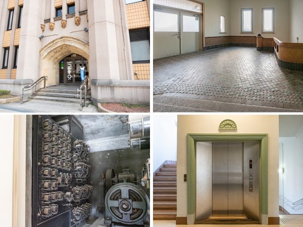 「KIITO（きいと）」の愛称で親しまれる「デザイン・クリエイティブセンター神戸」。【左上】モダンなデザインが残る外観【右上】1階北玄関はフロアタイルや手すり部分は昔のまま使われている【左下】普段非公開のエレベーターの昇降機機工。現在は使用されていないが、そのままの状態で保管されている【右下】現在稼働するエレベーター出入口。ドアまわりの装飾や階数表示の装飾は昔のまま