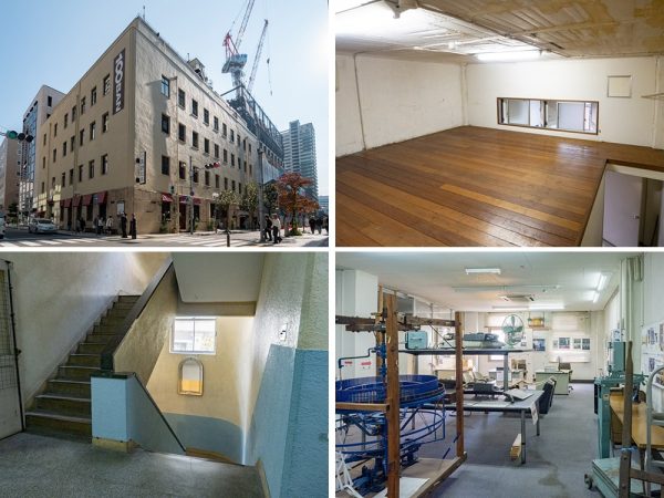 「KIITO（きいと）」の愛称で親しまれる「デザイン・クリエイティブセンター神戸」。【左上】モダンなデザインが残る外観【右上】1階北玄関はフロアタイルや手すり部分は昔のまま使われている【左下】普段非公開のエレベーターの昇降機機工。現在は使用されていないが、そのままの状態で保管されている【右下】現在稼働するエレベーター出入口。ドアまわりの装飾や階数表示の装飾は昔のまま