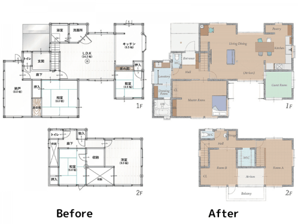 間取りのビフォー・アフター。大きな変更は水回りの配置くらいだ（画像提供：リノクラフト株式会社）