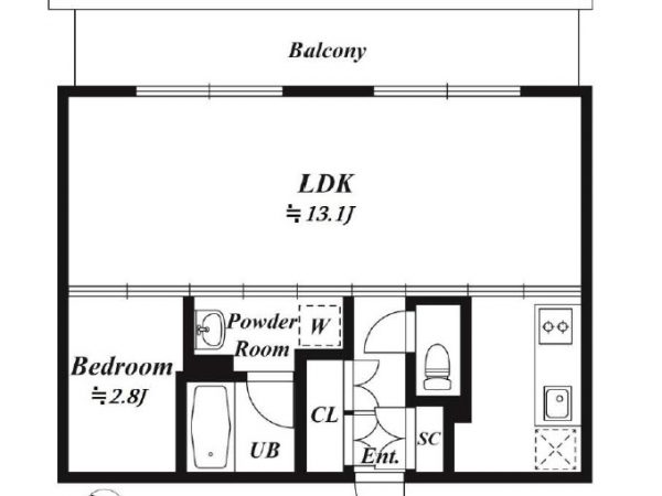 バルコニー、リビング、水回りと寝室が横一列、３段に重ねられたような間取り