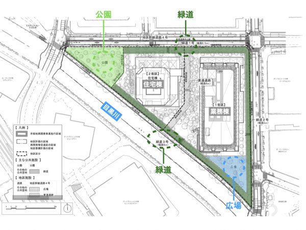 市街地再開発事業の施設配置計画　※出典：東五反田二丁目第3地区第一種市街地再開発事業 事業計画書（2024年2月16日変更認可）、配置図を一部加工