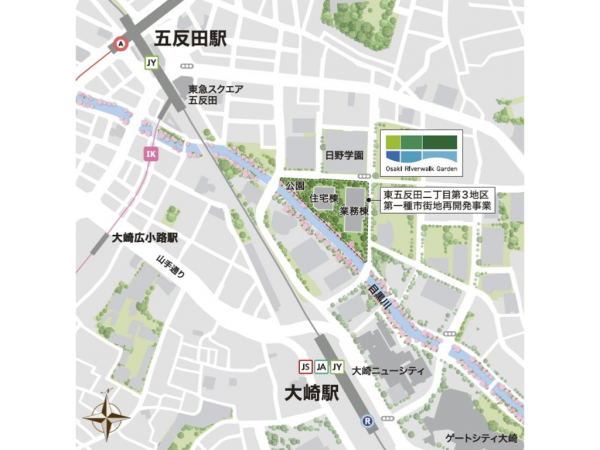 大崎・五反田駅周辺における都市再生緊急整備地域の位置と事業箇所　※出典：内閣府都市再生緊急整備地域一覧（https://www.chisou.go.jp/tiiki/toshisaisei/kinkyuseibi_list/index.html）