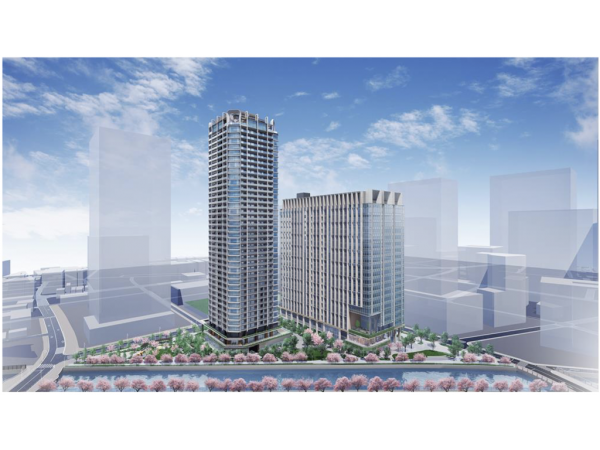 全体イメージパース　※出典：東急不動産『大崎・五反田エリアのまちづくりをつなぐ職住一体複合再開発東五反田二丁目第３地区第一種市街地再開発事業の街区名称を「大崎リバーウォークガーデン」に決定。開発コンセプトに「ボーダレススタイル」を掲げ、環境・地域と融和した取り組みを実施』2025年1月23日公表