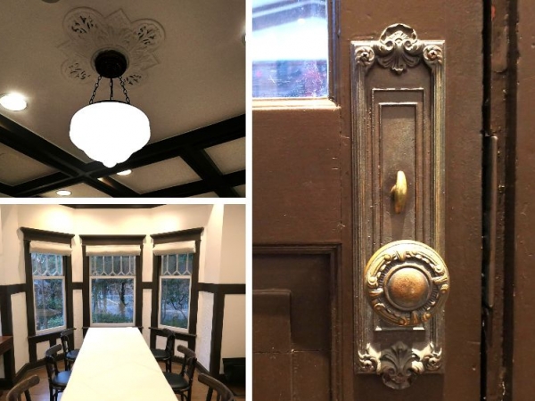 旧木下家別邸の平面図。１階は玄関からまっすぐに廊下が延び、突き当たりは庭に出るドアでその先に新館ホールがある。廊下の左右に部屋があり、廊下と直角に階段と通路が交差する。２階はサンルーム（ラウンジ）を設けているのが特徴