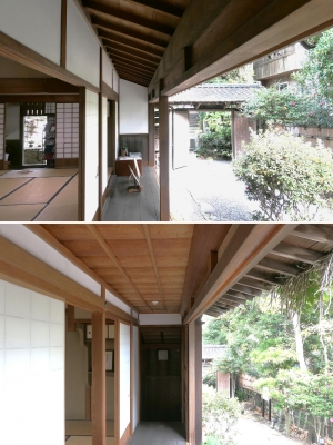 鴫立庵室の外観。和室と濡れ縁のこぢんまりした建物。奥の一段高い場所にあるのは俳諧道場の秋暮亭

