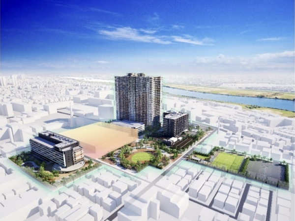 リーフシティ市川のイメージパース（広場、リーフシティ市川　ザ・タワー、オウカス　リーフシティ）　※出典：三井不動産レジデンシャル株式会社外3社「総武線沿線最大級の大規模複合開発「リーフシティ市川」内に誕生「リーフシティ市川　ザ・タワー」」 2024年10月25日