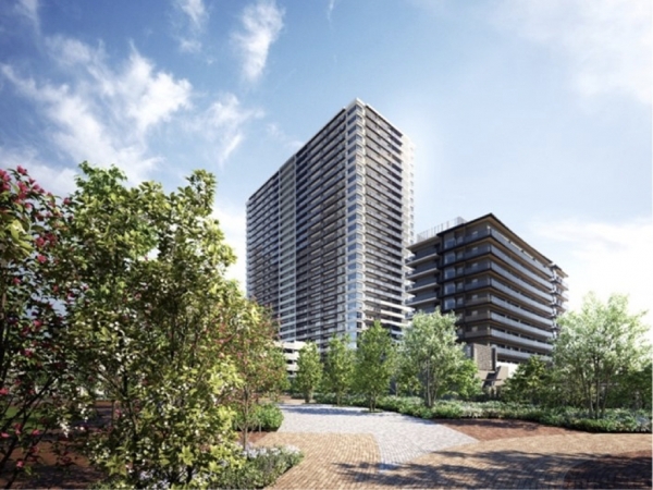 リーフシティ市川のイメージパース（広場、リーフシティ市川　ザ・タワー、オウカス　リーフシティ）　※出典：三井不動産レジデンシャル株式会社外3社「総武線沿線最大級の大規模複合開発「リーフシティ市川」内に誕生「リーフシティ市川　ザ・タワー」」 2024年10月25日