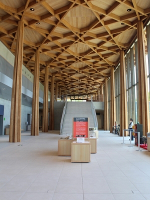 ガラスと木、弧や楕円を取り入れたファサードが特徴。木造の「えんにち空間」と、鉄骨造や鉄筋コンクリート造の「常設展示室」「展示室・管理エリア」「体験室・セミナールーム」という4つの建物で構成されている