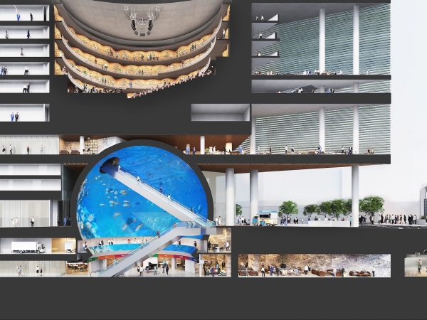 球体デジタルアトリウムを含む低層階の断面図