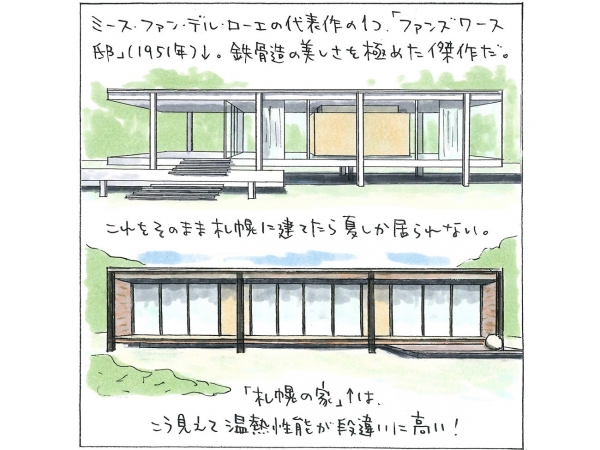 北東側の玄関。鉄骨の柱・梁の見せ方や、ポーチに上る階段のデザインなど、ミースの「ファンズワース邸」をほうふつとさせる（写真：宮沢洋）
