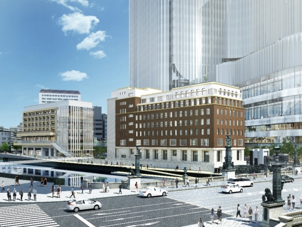 日本橋川沿い低層部外観イメージ（右からA街区、B街区）　※出典：三井不動産株式会社・野村不動産株式会社（2021年12月7日）『日本橋川沿い再開発第一弾 、新たなランドマークとなる日本橋エリア最高・最大級の ミクストユース 開発「日本橋一丁目中地区第一種市街地再開発事業」着工　ZEB/ZEH 認証 ・ DBJ Green Building認証の取得など、 次世代の新たな街づくりが始動』