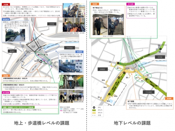 飯田橋駅改修前・改修後　※出典：JR東日本（2020年6月16日）「飯田橋駅がより安全に、より便利になります〜新ホーム、新西口駅舎および歩行者空間の供用開始について〜」