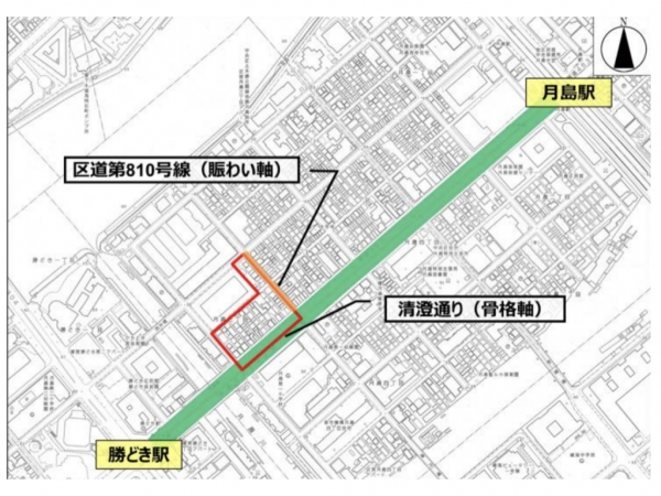 「月島三丁目南地区第一種市街地再開発事業」の位置図　※出典：三井不動産株式会社（2022年11月21日）『「月島三丁目南地区第一種市街地再開発事業」権利変換計画認可のお知らせ　～約1.0ha、住宅・商業・子育て支援施設のミクストユースプロジェクト~』
