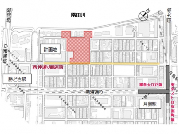 「月島三丁目北地区第一種市街地再開発事業」の位置図　※出典：月島三丁目北地区市街地再開発組合（2022年11月7日）『月島エリアの特性を活かし、賑わいと水辺環境の魅力を引き出す再開発「月島三丁目北地区第一種市街地再開発事業」10月20日着工　総戸数1,285戸　高さ約199ｍのタワーマンションを中核に形成』