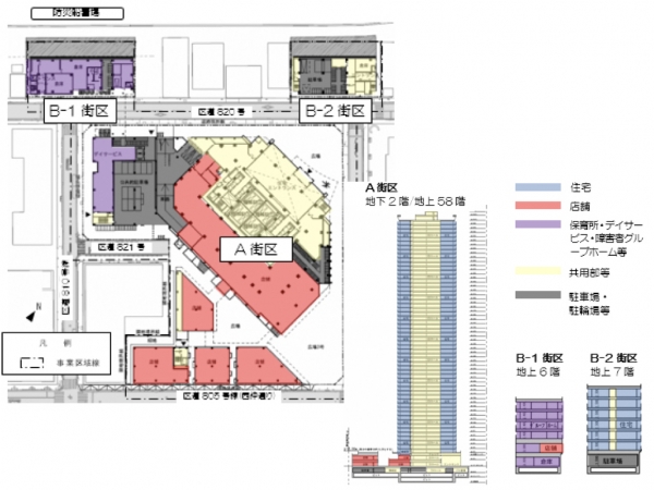 「月島三丁目北地区第一種市街地再開発事業」の位置図　※出典：月島三丁目北地区市街地再開発組合（2022年11月7日）『月島エリアの特性を活かし、賑わいと水辺環境の魅力を引き出す再開発「月島三丁目北地区第一種市街地再開発事業」10月20日着工　総戸数1,285戸　高さ約199ｍのタワーマンションを中核に形成』