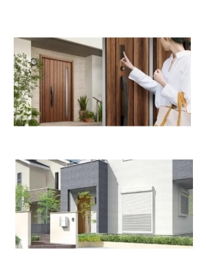 （上）2ロックや鎌錠が標準装備の玄関ドア。こじ破り対策にも。[リシェント玄関ドア3＋FamiLock]
（下）防犯面だけでなく、台風の飛来物からも窓を守る。[電動リフォームシャッター]

