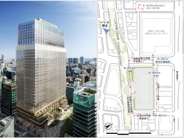 完成イメージパースと配置計画図（Tokyo Sky Corridorとの関係）※出典：東京建物株式会社（2024年4月19日）『「京橋三丁目東地区第一種市街地再開発事業」市街地再開発組合設立のお知らせ』