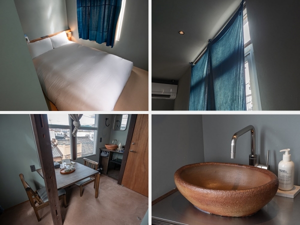 取材時に見学した客室。左上：ベッド。右上：藍染めのカーテン。ほどよい色落ち具合になっている。左下：テーブル・椅子は特注品。右下：岡山が誇る伝統工芸・備前焼でできた洗面ボウル