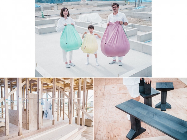 上：着るビーズクッション　左下：有松絞りのニットウェアとバック　右下：家になれなかった家具