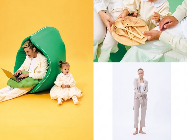 上：着るビーズクッション　左下：有松絞りのニットウェアとバック　右下：家になれなかった家具