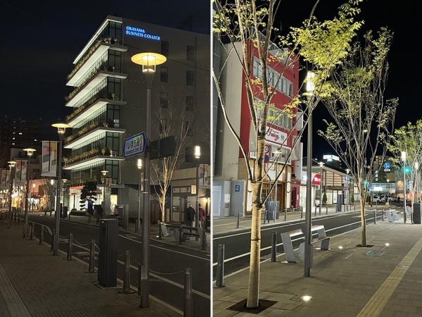 街路樹と街灯が一直線に配置されていることで、開放感のある雰囲気に