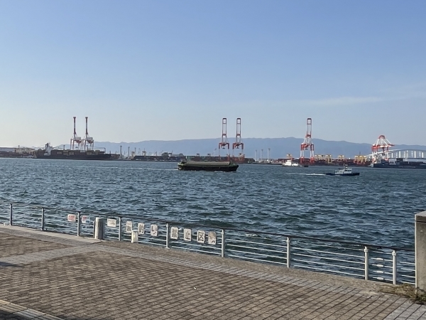 大阪湾には多くの貨物船や客船が運行している