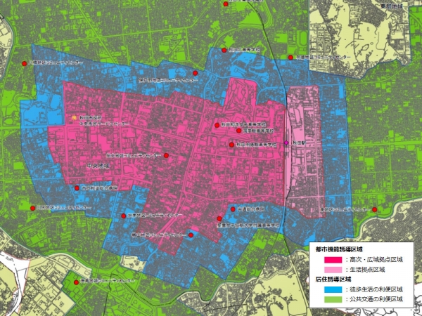 秋田駅周辺の都市機能・居住の各誘導区域図
