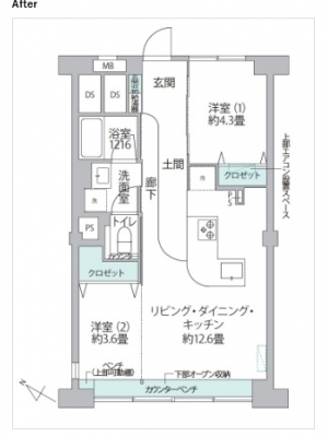 「わたしのための、パブリックスペース」の間取り図。玄関、廊下を広げ、リビングに繋げることで室内はぐんと明るくなった