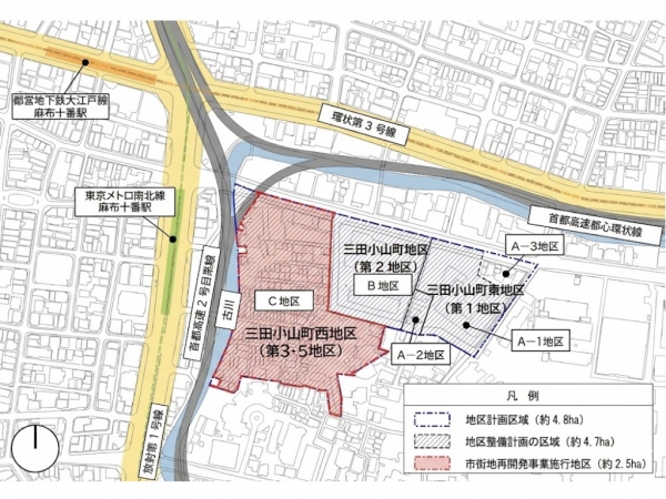 三田小山町西地区第一種市街地再開発事業の位置　※出典：三井不動産株式会社（2023年1月）『「三田小山町西地区第一種市街地再開発事業」権利変換計画認可のお知らせ〜約2.5ha〜、住宅・商業・オフィスのミクストユースプロジェクト〜』