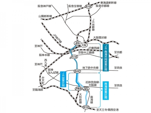 なにわ筋線の開業により、ますます暮らしやすくなりそうな新今宮と天下茶屋。</br>天下茶屋駅は新今宮駅から2駅（約1.6km）南側にある（出典：JR西日本ホームページ）