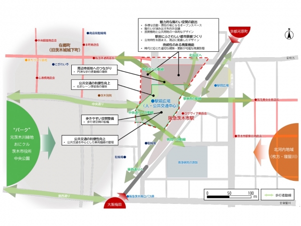 駅前広場のイメージ（画像引用：茨木市「阪急茨木市駅西口における建替え事業に伴う地区計画の都市計画案に関する説明会」）