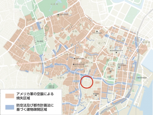 港区の空襲による焼失区域　※出典：港区（2025年3月）「平和の願いをこめて2025　―今、語り継ぐ戦争の体験―　港区戦争・戦災体験集　第4集」p32-33