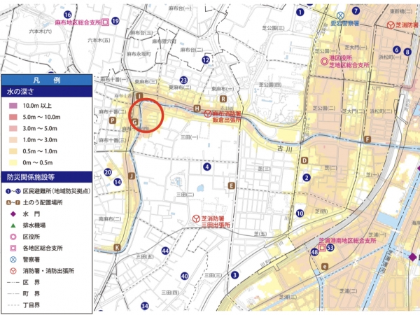 港区浸水ハザードマップ（抜粋）　※出典：港区（2025年7月）「港区高潮浸水ハザードマップ」