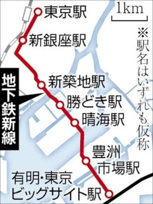 都心部と臨海部を結ぶ地下鉄の計画案（出典：讀賣新聞オンライン）