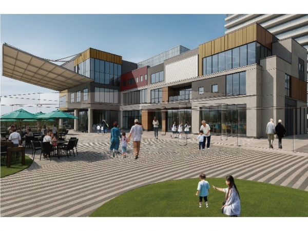 2階デッキのくすのき広場と駅前商業施設イメージ（画像引用：南海電鉄「南海電鉄と堺市が“公民連携”で泉ケ丘駅前地域を再整備！＆南海電鉄による「泉ケ丘駅前活性化計画」が再始動！」）