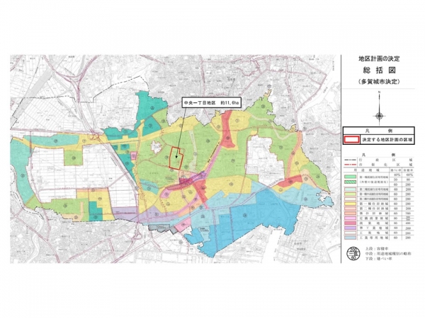 赤枠内が再開発予定地。大半が第一種中高層住居専用地域となっている（出典：多賀城市資料）