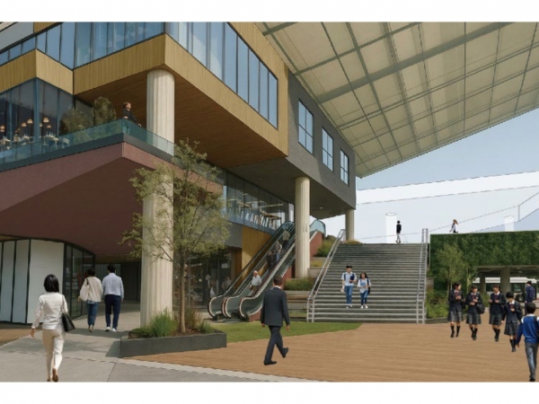 1階駅前南コンコースの大階段と駅前商業施設イメージ（画像引用：南海電鉄「南海電鉄と堺市が“公民連携”で泉ケ丘駅前地域を再整備！＆南海電鉄による「泉ケ丘駅前活性化計画」が再始動！」）