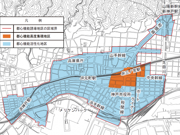 住宅等の立地抑制を行っている範囲（都心機能誘導地区）　※出典：神戸市（https://www.city.kobe.lg.jp/a84931/shise/kekaku/jutakutoshikyoku/kobetoshin/tochiriyou-sesaku/toshinkino_yudo.html）