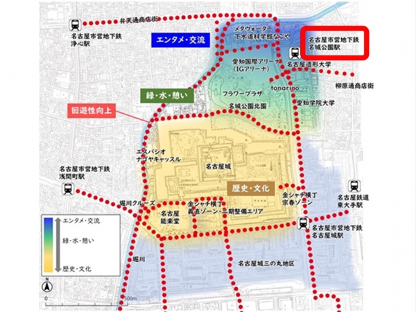 ▲名城公園の広さは約80ヘクタール。園内には名古屋城の二の丸・三の丸、フラワープラザなどがあり市民の憩いの場となっている。国際大会や海外アーティストのライブにも対応できる「IGアリーナ」の誕生により、スタジアム・アリーナ改革（スポーツ施設を軸に地域活性化を行う取り組み）が進められている注目の都心エリアだ