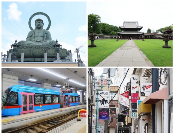 ２つの重伝建地区に加え、日本三大仏のひとつ、高岡大仏（左上）、国宝瑞龍寺（右上）、ドラえもんトラムが走る万葉線（左下）、海の幸が楽しめ、繁華な飲食店街（右下）など高岡市には魅力がいろいろある（筆者撮影）